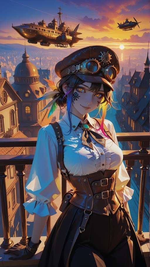 A steampunk-styled young woman with streaks of blue and pink in her dark hair stands on a balcony overlooking a city at sunset. She wears a pilot's cap with goggles, a white shirt, and a brown corset. Large airships fly in the orange and purple sky behind her.