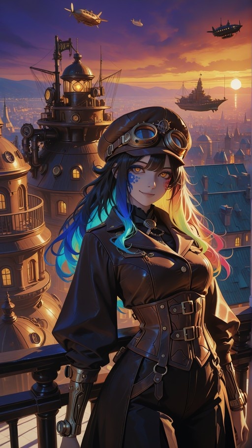 Anime girl with blue to pink gradient hair wearing steampunk gear and goggles on a balcony with airships at sunset.