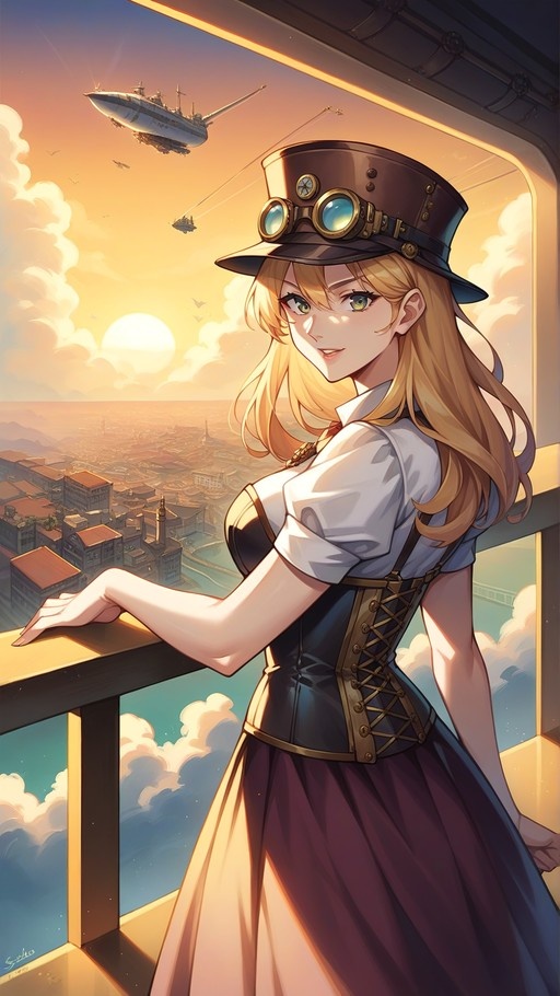 A blonde anime girl in a steampunk outfit with a top hat and goggles leans on a balcony railing, looking back at the viewer while an airship flies over a city below the clouds at sunset.