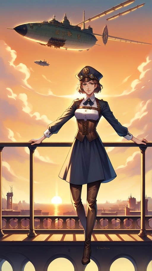 Steampunk pilot girl in blue uniform and goggles standing on a railing with an airship flying in the sunset sky.