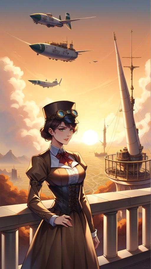A steampunk-styled woman wearing a top hat with goggles and a corset stands on a balcony while airships fly through a golden sunset sky.