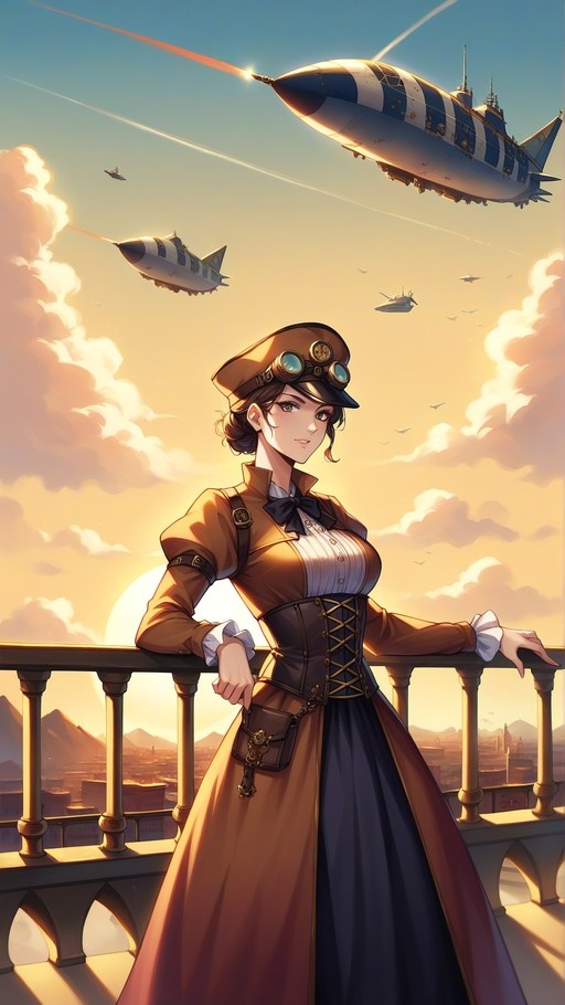 A steampunk aviator woman in a brown coat and goggles leans on a railing watching airships fly through a golden sunset sky.