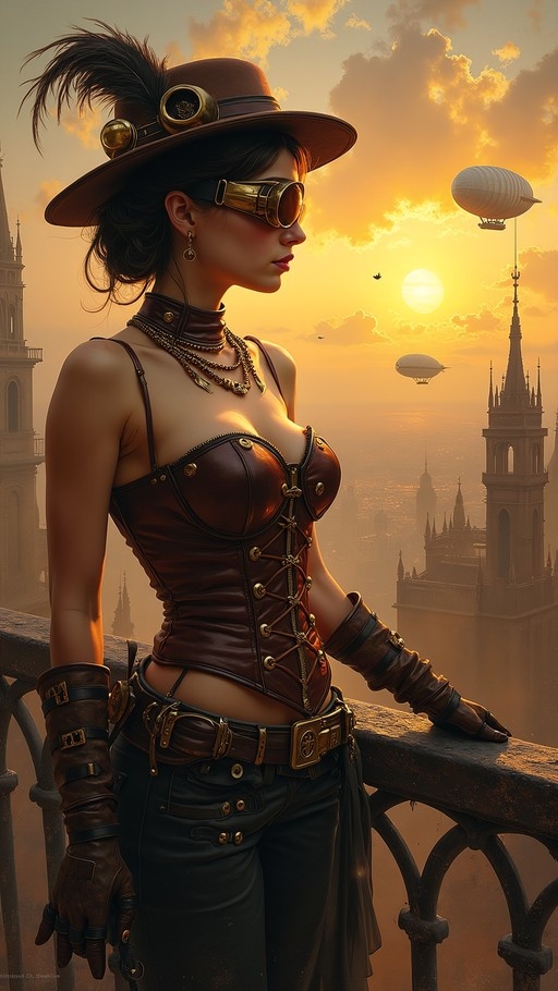 Steampunk woman in a brown leather corset and feathered hat leaning on a railing, watching dirigibles fly over a city at sunset.