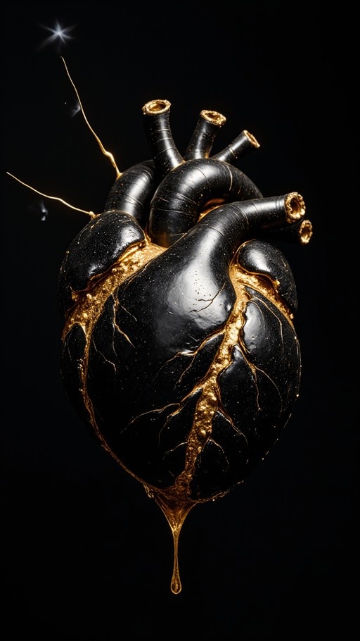 A glossy black anatomical heart with deep cracks filled and covered by dripping liquid gold against a solid black background.