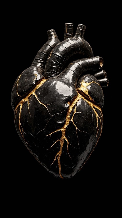 A realistic anatomical heart painted in glossy black with intricate golden cracks and veins running across its surface against a solid black background.