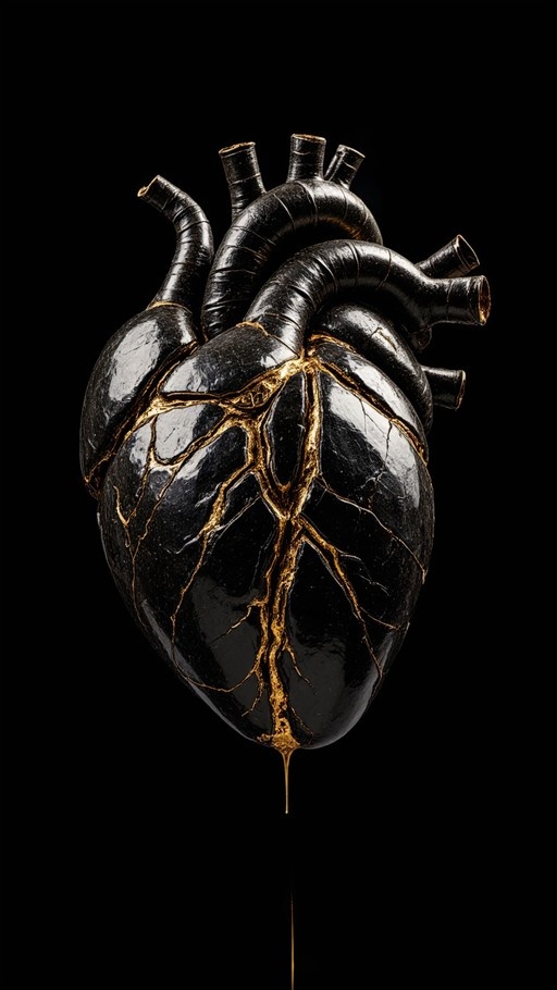 A glossy black anatomical heart with intricate golden cracks and veins against a black background, featuring a drip of gold liquid at the bottom.