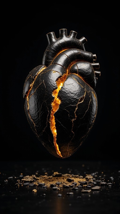 A cracked black heart floats in mid-air, revealing a bright orange glowing core inside, with scattered stones and gold dust on the ground beneath it against a black background.
