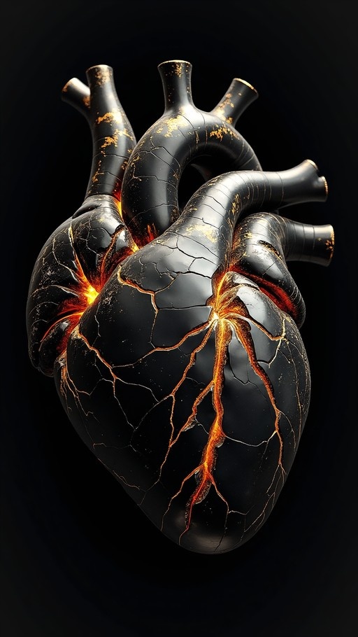 A realistic anatomical heart with a glossy black surface that is cracked open to reveal glowing orange molten light inside.