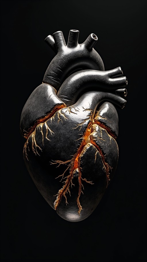 A realistic black human heart with golden cracks running through it on a black background.