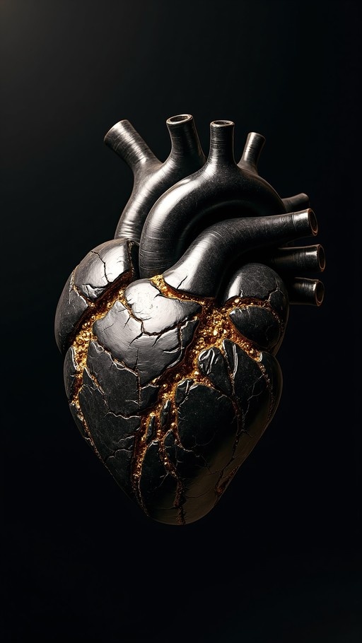 A glossy black anatomical heart with cracks filled with liquid gold against a dark background.