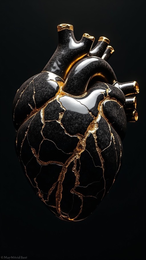 A shiny black anatomical heart with golden fissures against a black background.