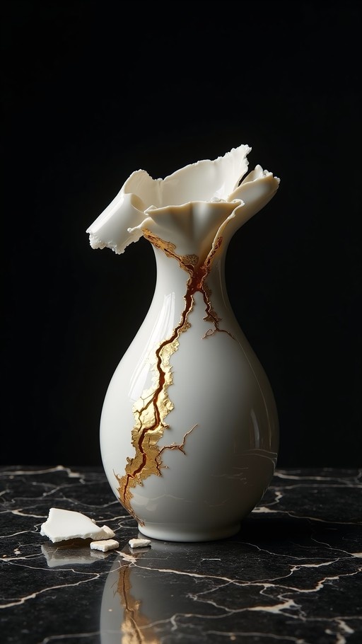 A white ceramic vase with gold kintsugi repair sits on a reflective black marble surface with loose shards nearby.