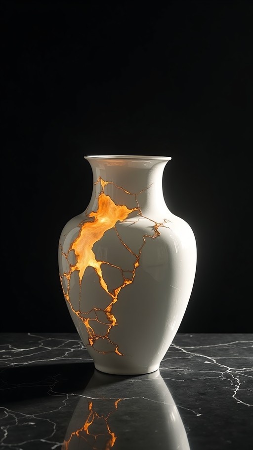 White ceramic vase with glowing golden fissures on a dark reflective surface.