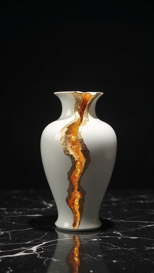 A white ceramic vase with a large vertical golden crack running down the center, resting on a reflective black marble surface.