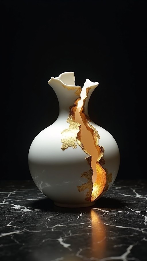 A white ceramic vase with a vertical golden crack glowing from within, resting on a black marble surface.