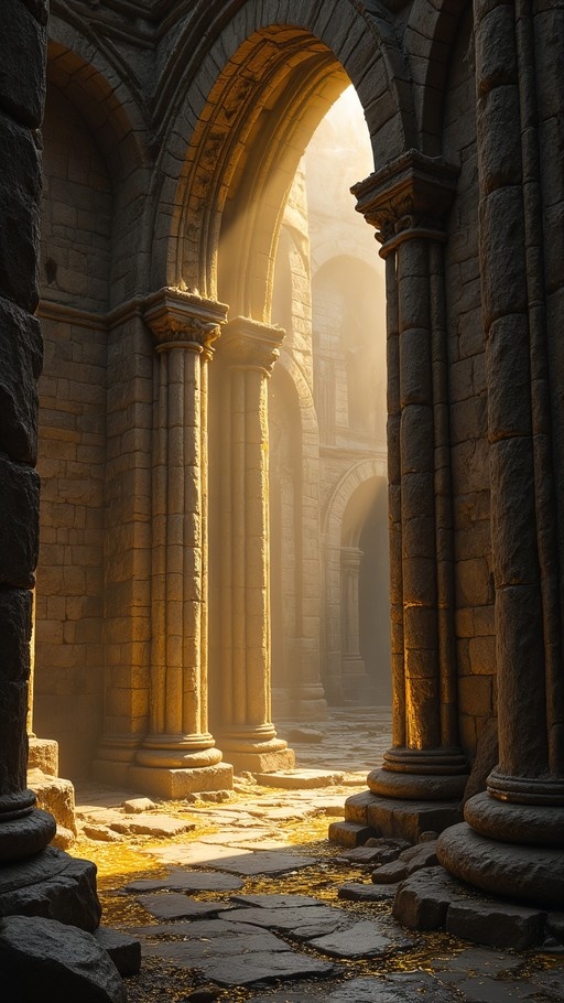 Sunlight streaming through ancient stone arches into a ruined hall with tall pillars and a cracked floor covered in golden light.