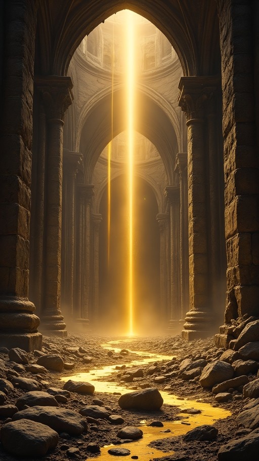 A vertical digital illustration of ancient stone ruins featuring tall pillars and arches, illuminated by a bright golden beam of sunlight streaming onto a rocky floor.