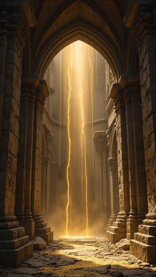 Golden light beams fall through a large stone archway in an ancient ruin with tall pillars and rubble on the floor.