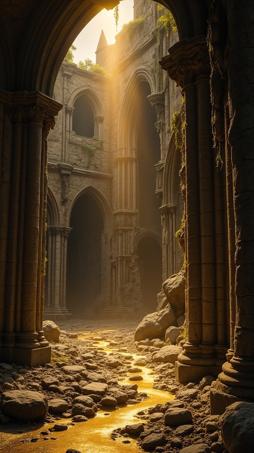 Sunlight streaming through large stone arches in ancient ruins with a golden stream flowing over rocks