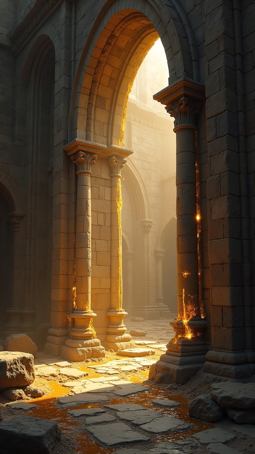 Ancient stone archway with flowing golden light and pillars in a ruined temple interior