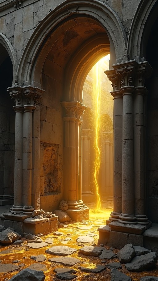 A beam of golden lightning strikes the rubble floor inside a hall of ancient stone pillars and arches.