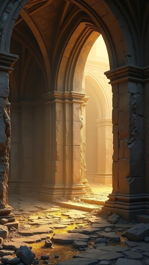 Sunlight streaming through ancient stone arches in a ruined building.
