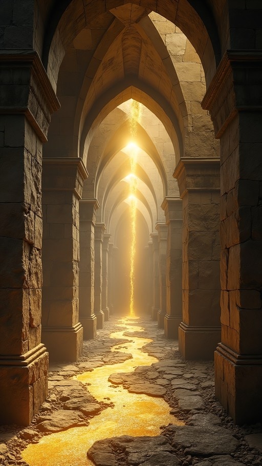 A long stone hallway with pointed arches and pillars, featuring a glowing stream of golden liquid flowing down the center of a rough cobblestone floor.
