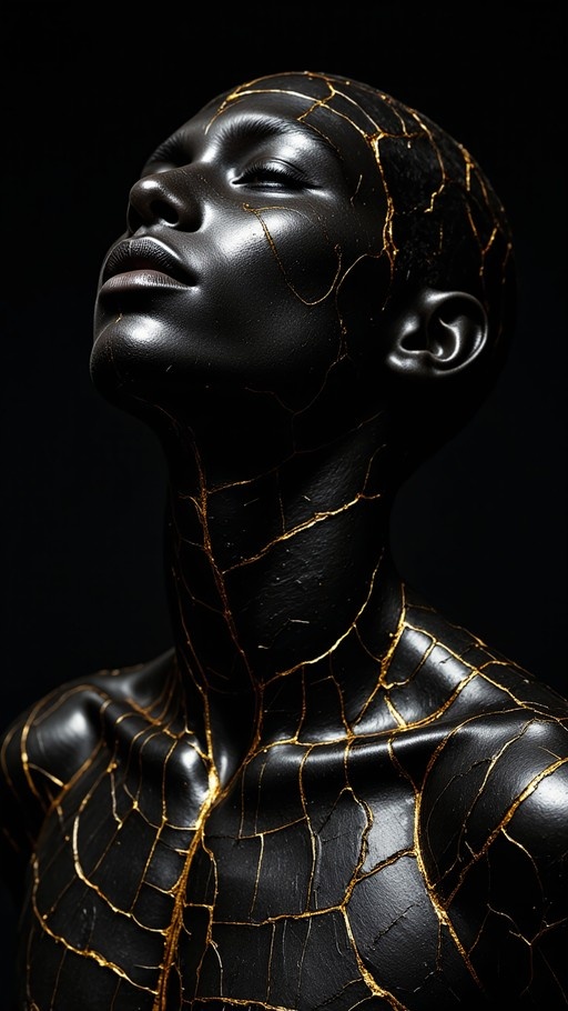 A close-up of a glossy black bust with intricate gold cracks running across the face and neck against a dark background.
