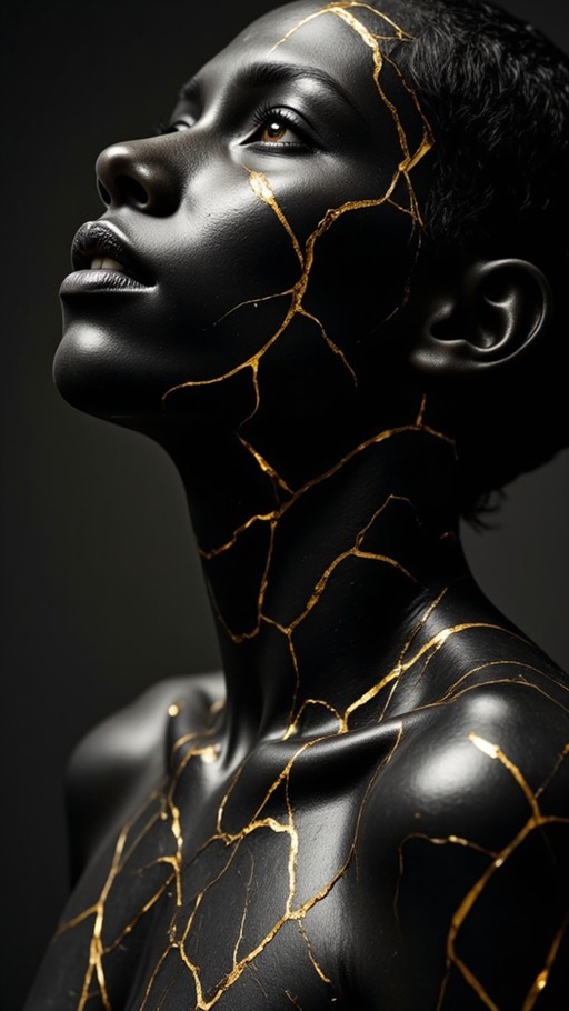 A close-up profile view of a person with very dark skin looking upwards, featuring intricate golden cracks running across their face and neck in the style of Kintsugi.