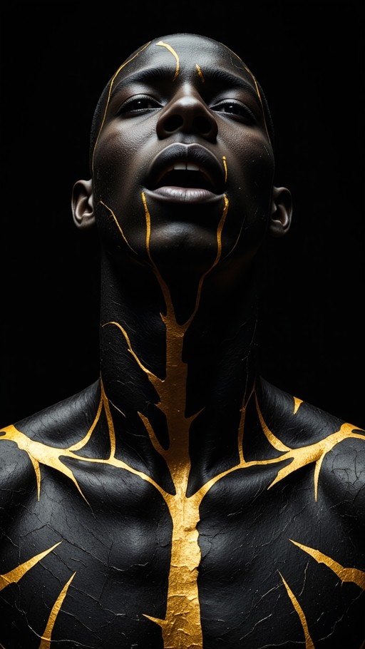 A close-up of a bald man with dark skin that is cracked like ceramic, with the cracks filled in bright gold lines against a black background.