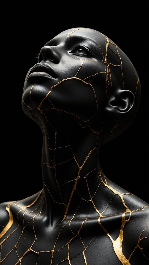Close-up of a bald figure with black skin looking up, featuring intricate gold veins filling the cracks on their face and neck in a Kintsugi style.