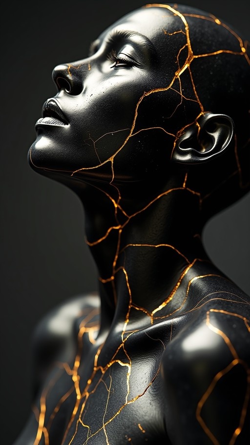 Profile of a glossy black statue bust with golden kintsugi cracks running across the face and neck, head tilted up.