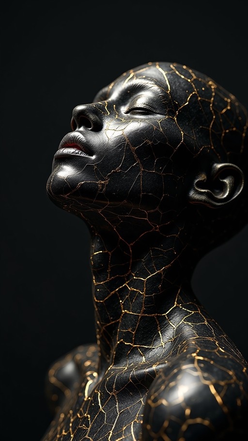A close-up of a bald figure with glossy black skin covered in intricate golden cracks against a black background.
