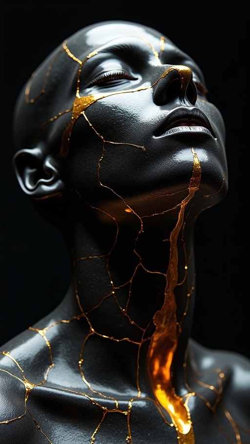 A close-up of a black bust with its head tilted back and eyes closed, featuring intricate gold cracks running across the face and neck like liquid metal against a black background.