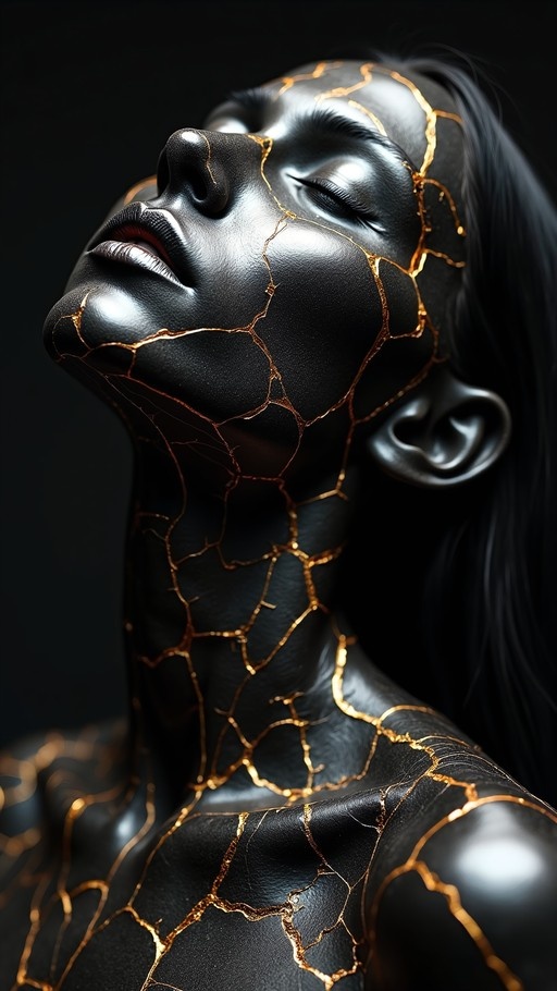 Close-up of a woman with black skin and closed eyes, her face and neck covered in glowing gold cracks like Kintsugi pottery.