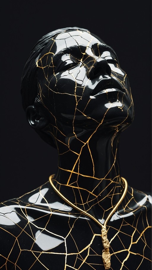 A glossy black bust of a man with his head tilted back, featuring intricate golden cracks running across his face and neck like kintsugi pottery, wearing a simple gold chain necklace against a black background.