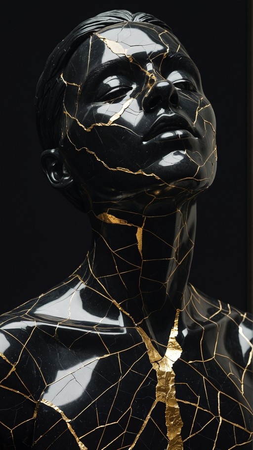 A close-up of a glossy black male statue bust with intricate gold cracks running across the face and neck against a dark background.