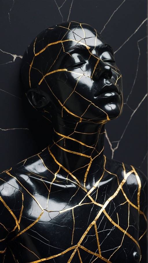 A glossy black bust of a bald man with intricate gold-filled cracks running across his face and chest.