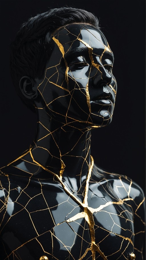 A close-up of a glossy black male bust with short hair, featuring intricate golden cracks running across his face and chest against a dark background.