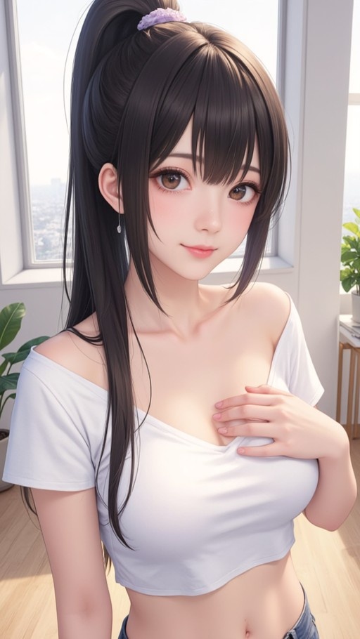 A young woman with long dark hair in a high ponytail and brown eyes wears a white off-the-shoulder crop top while standing indoors near a window.