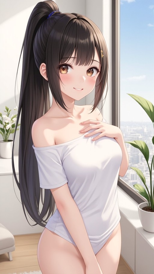 An anime-style young woman with long black hair in a high ponytail stands by a sunny window, wearing a white off-shoulder shirt and smiling gently at the viewer.