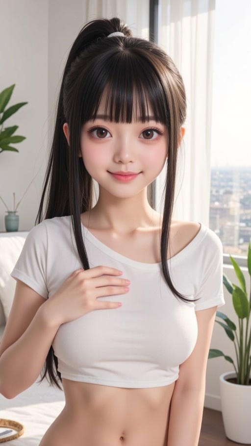 A young woman with long black hair in a high ponytail smiles at the viewer while wearing a white crop top and resting her hand on her chest near a window with plants.