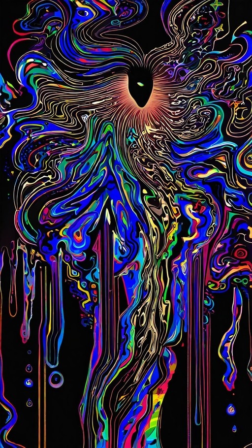 A vertical digital artwork showing a surreal, abstract female figure melting into vibrant, swirling rainbow-colored smoke against a black background, featuring a single glowing green eye.