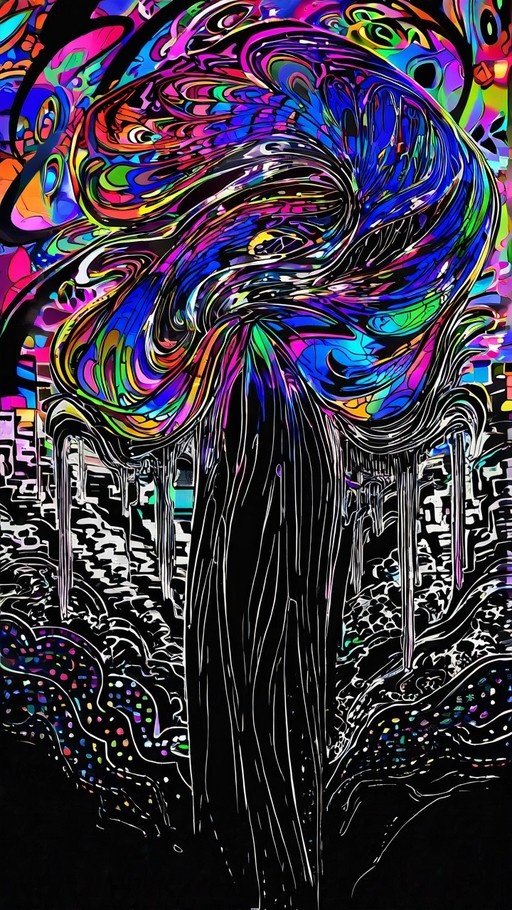 A vertical digital artwork featuring a swirling mass of vibrant rainbow colors and abstract forms against a black and white cityscape background.