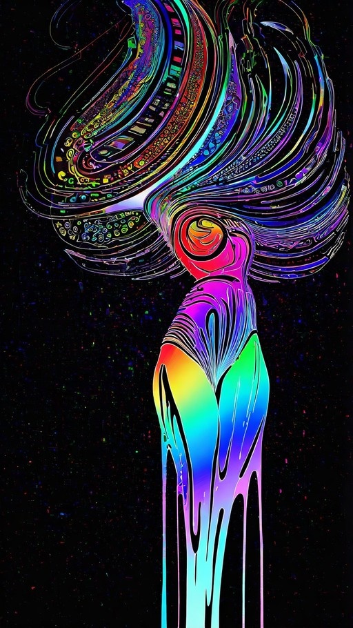 An abstract female figure with a melting rainbow body floats against a black starry sky, her hair expanding into a massive swirl of psychedelic patterns and smoke-like textures.