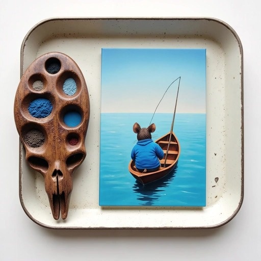 A mouse in a blue hoodie fishes from a boat next to a wooden skull palette on a tray.