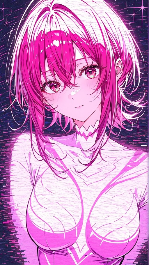 A pink-haired anime girl with pink eyes wearing a white bodysuit looks forward against a dark background with purple sparkles.