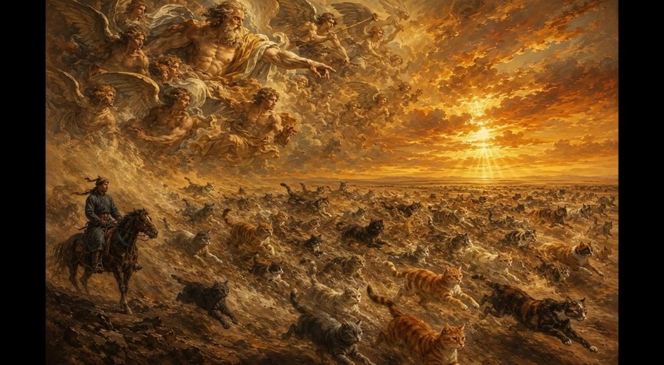 A classical painting shows a rider on horseback overlooking a desert filled with cats, which transitions to live-action footage of people interacting with large felines.