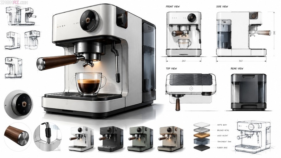 A product design reference sheet for a modern coffee machine featuring a central rendering of a white espresso maker pouring coffee into a glass cup, surrounded by pencil sketches, technical front and side views with dimensions, close-ups of details like the wooden handle and control knob, material,