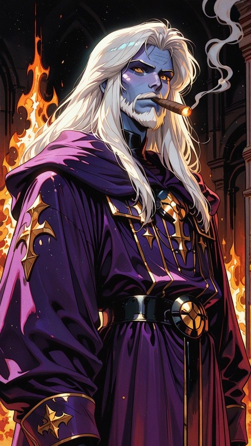A blue-skinned man with long white hair and a beard smokes a cigar while wearing an ornate purple robe with gold trim, standing near fire.
